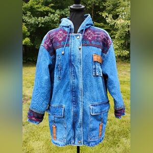 90's Outbrook Denim Navajo Women's Coat Sz L Fully Lined Hooded